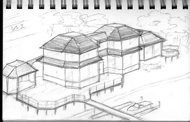 perspective pencil sketch of river front restaurant